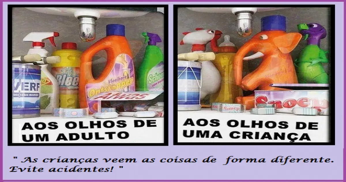 Mãos de criança perto de produtos de limpeza com símbolos de perigo, representando os malefícios dos químicos para a saúde