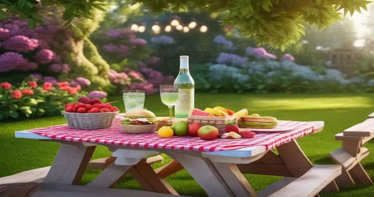Mesa rústica com diversos alimentos orgânicos frescos e coloridos, representando um estilo de vida sustentável.