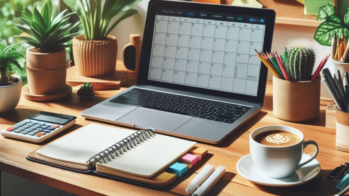 Mesa minimalista organizada com objetos essenciais.
