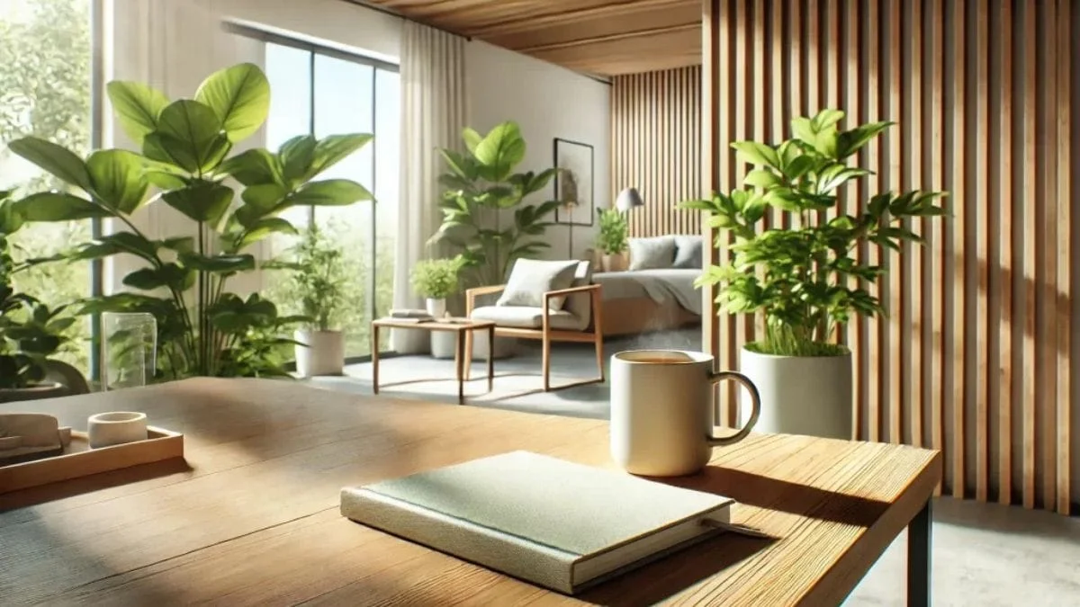 Sala minimalista sustentável com decoração natural e plantas